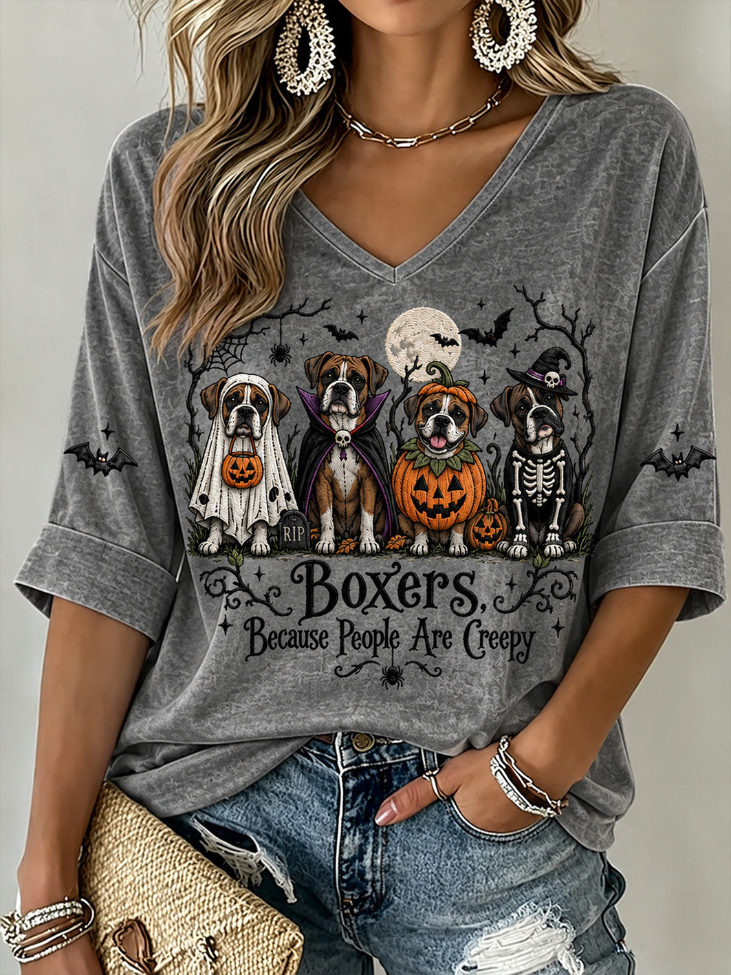 Women's  Halloween Costume Dog Pattern Design Casual Mid-length Sleeves V-Neck T-Shirt