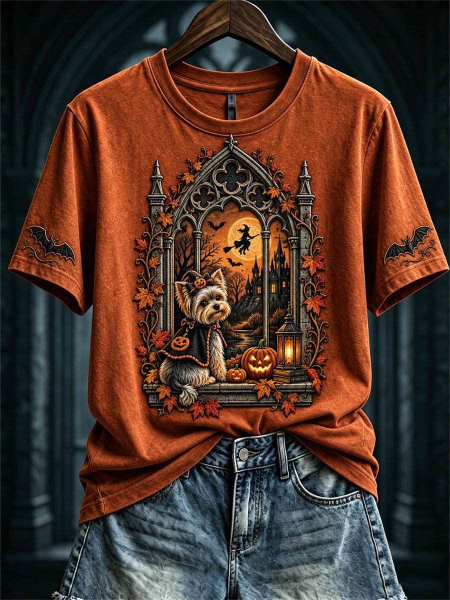Women's Fall Halloween Yorkie Dog Gothic Window Print short-sleeved T-shirt