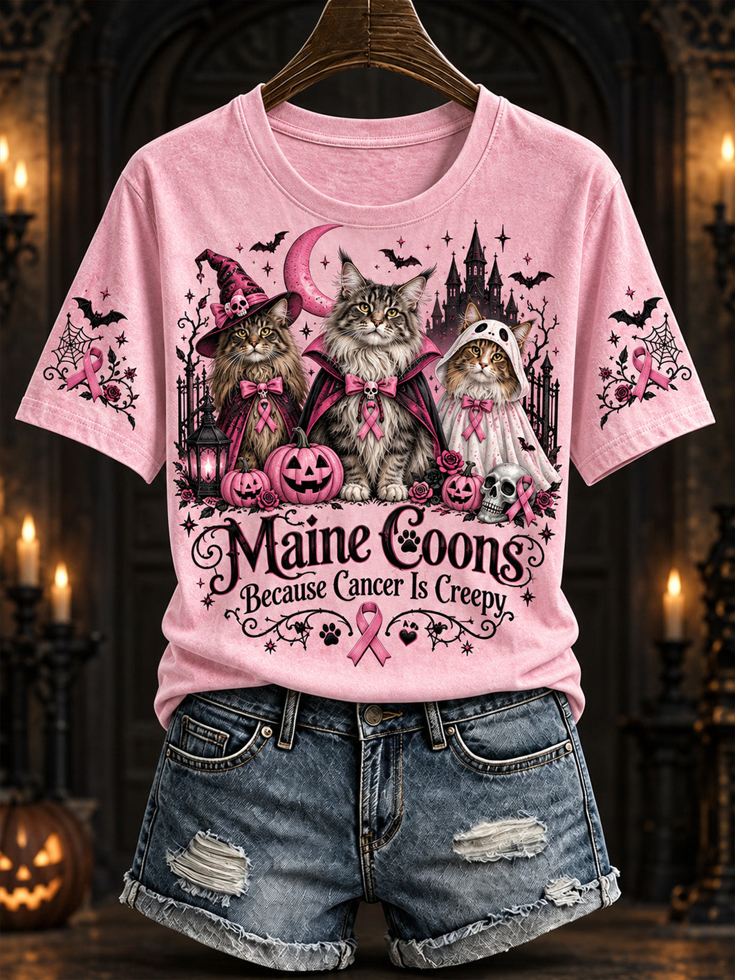 Women's Halloween Costume Cat Pattern and Pink Charity Ribbon Design Casual Short-Sleeve T-Shirt