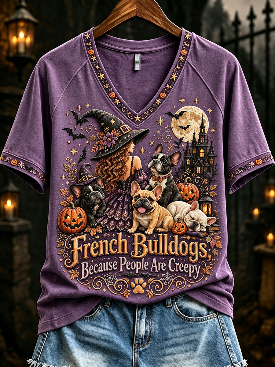 Women's French Because People Are Creepy Halloween Dogs Print short-sleeved T-shirt