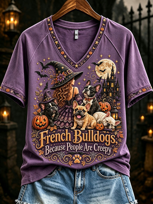 Women's French Because People Are Creepy Halloween Dogs Print short-sleeved T-shirt