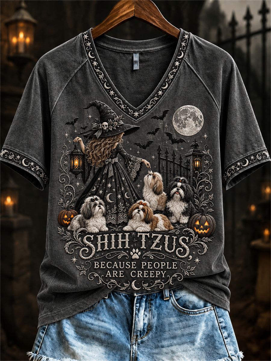 Women's Shih Tzus Because People Are Creepy Halloween Witch & Dogs Print short-sleeved T-shirt