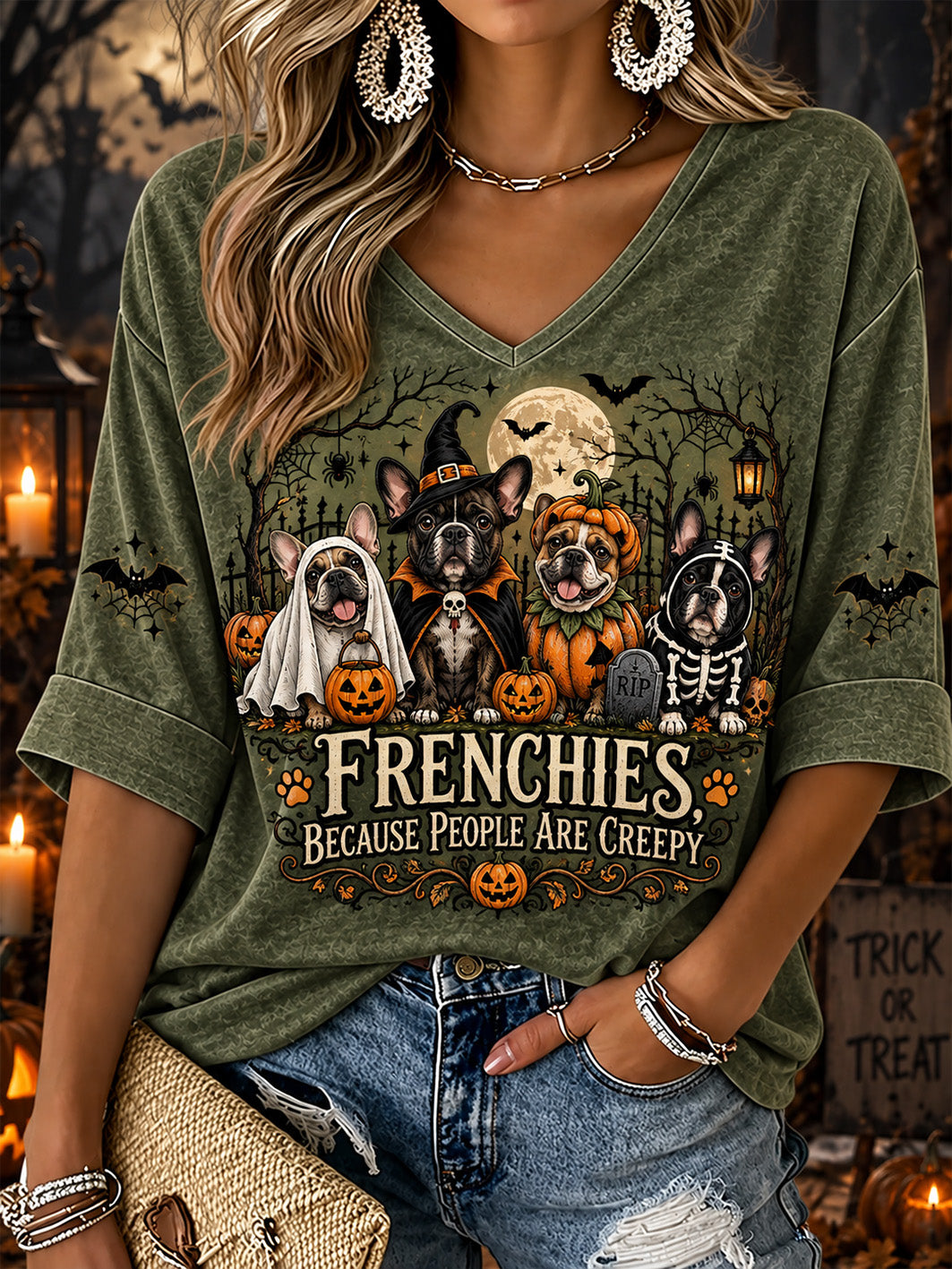 Women's  Halloween Costume Dog Pattern Design Casual Mid-length Sleeves V-Neck T-Shirt