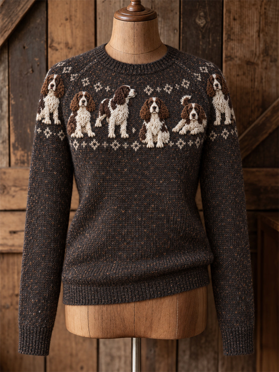 Women's Springer Spaniel Dogs Yoke Isle Print crew neck sweater