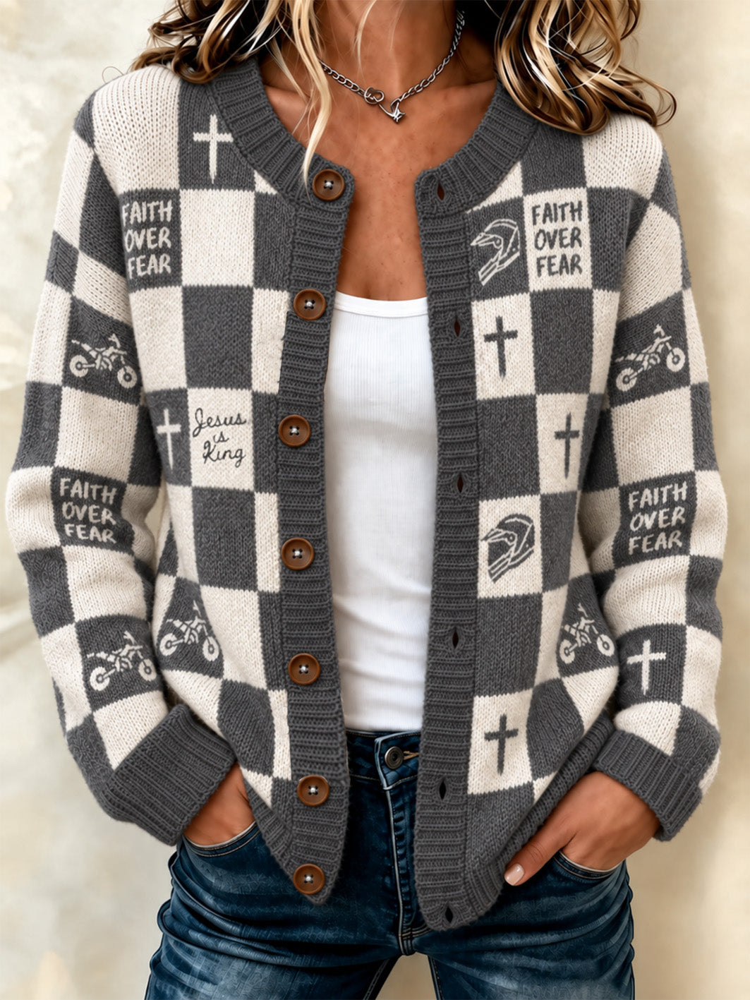 Women's Faith-Themed Color-Blocked Design Casual  Cardigan-Style Knit Jacket