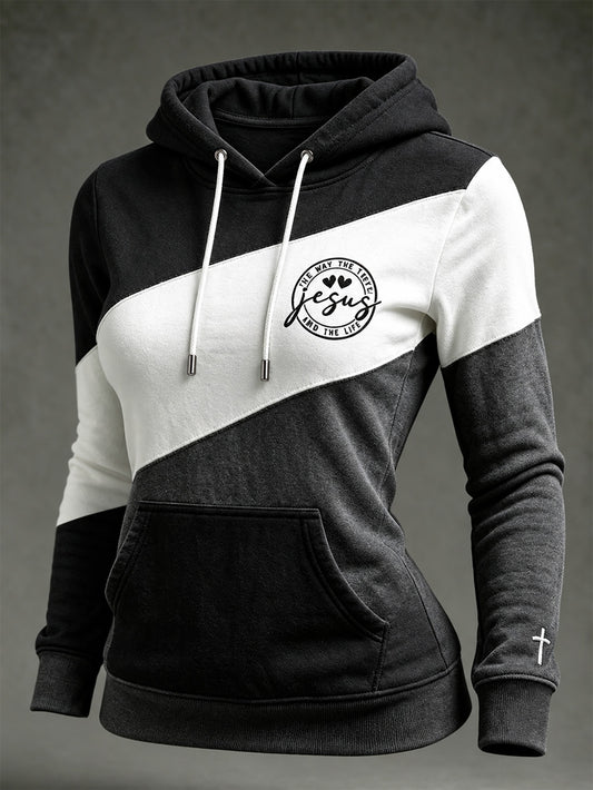 Women's Faith-Themed Color-Blocked Design Casual Hoodie