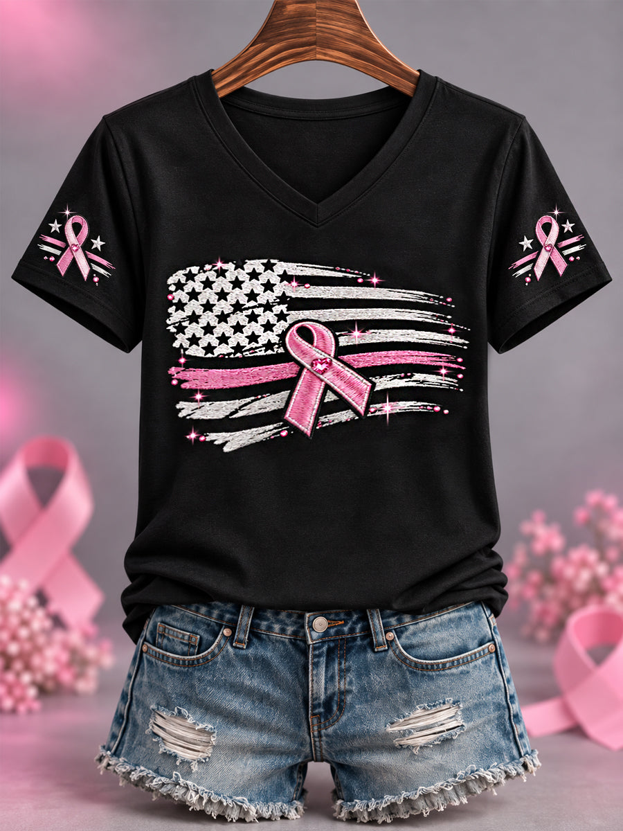 Women's Pink Ribbon US Flag Print Breast Cancer Awareness Support V-Neck Tee