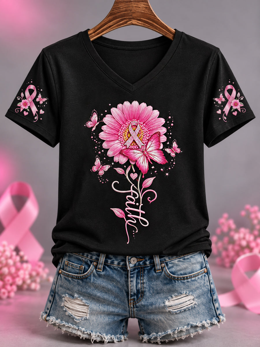 Women's Pink Ribbon Sunflower Faith Print Breast Cancer Awareness Support V-Neck Tee