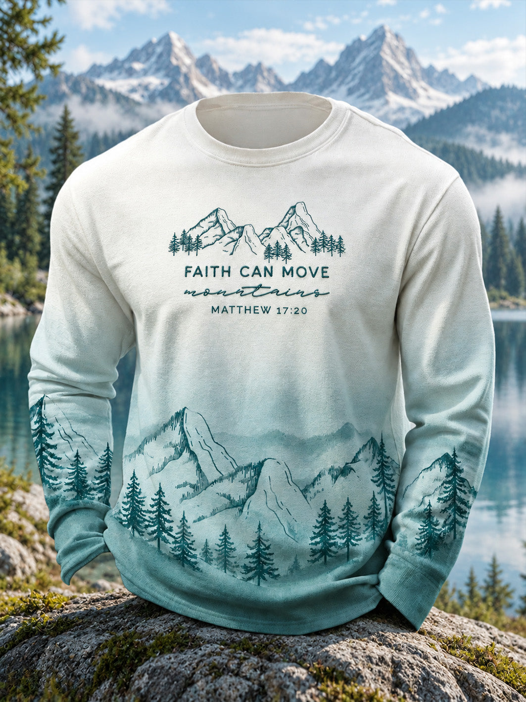 Men's Faith-Themed Landscape Pattern Design Casual Long-Sleeve T-Shirt
