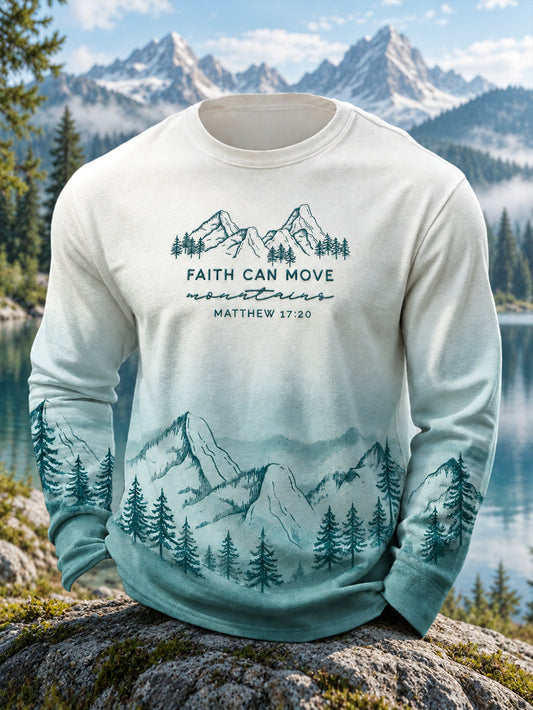 Men's Faith-Themed Landscape Pattern Design Casual Long-Sleeve T-Shirt