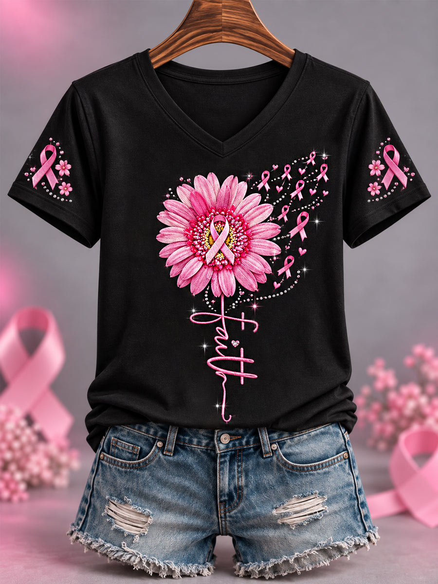 Women's Pink Ribbon Sunflower Faith Print Breast Cancer Awareness Support V-Neck Tee