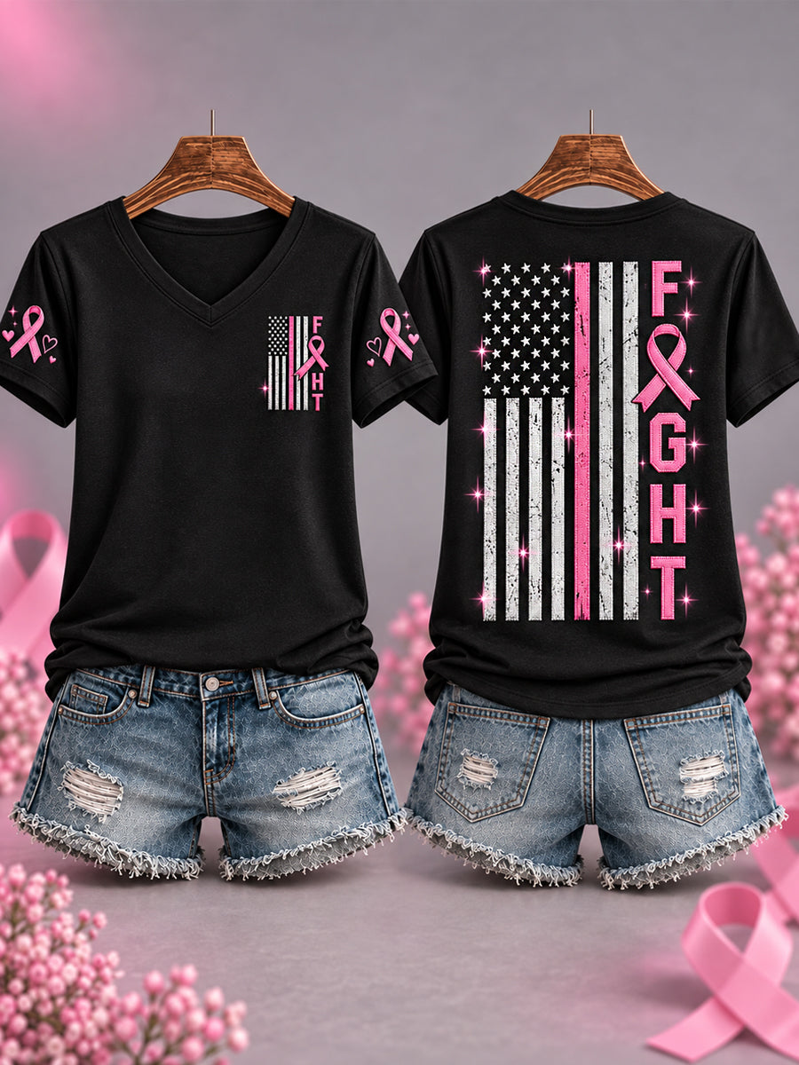 Women's Pink Ribbon Fight For A Cure US Flag Print Breast Cancer Awareness Support V-Neck Tee