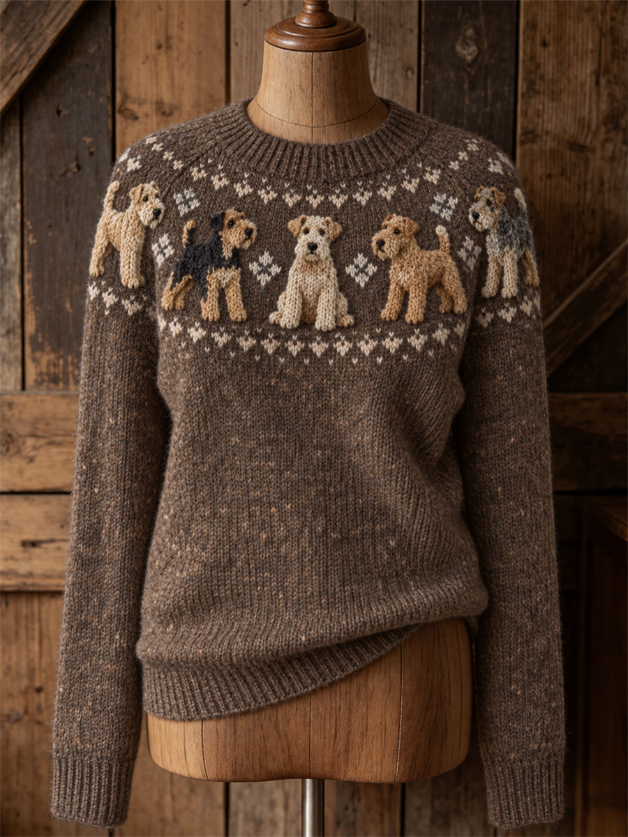 Women's Vintage Lakeland Terrier Dogs Yoke Isle Print crew neck sweater
