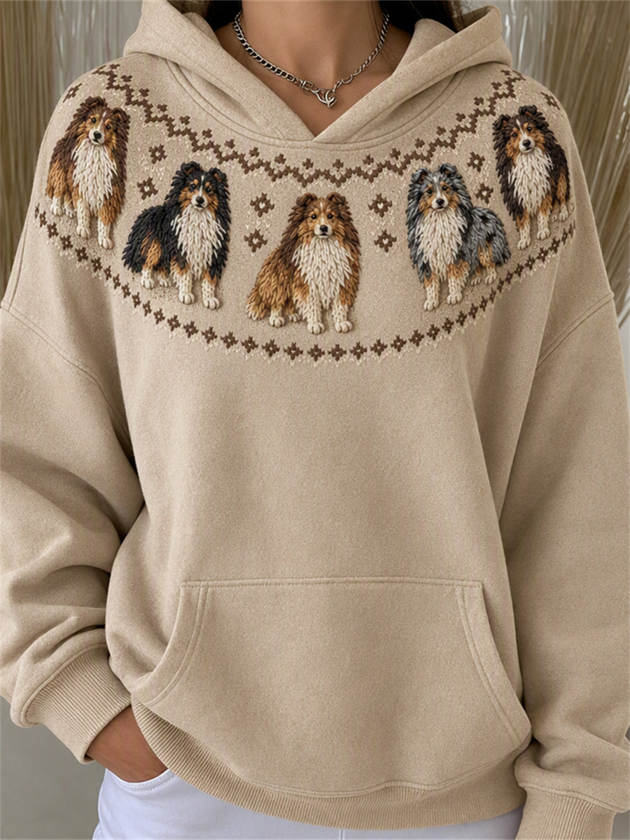 Women's Vintage Shetland Sheepdogs Yoke Isle Print Cozy Hoodie
