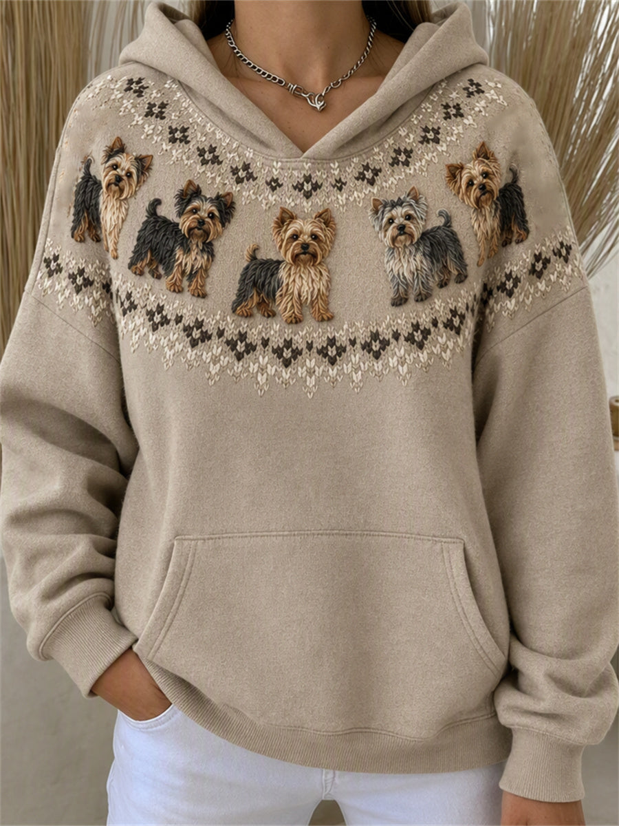 Women's Vintage Yorkie Dogs Yoke Isle Print Cozy Hoodie