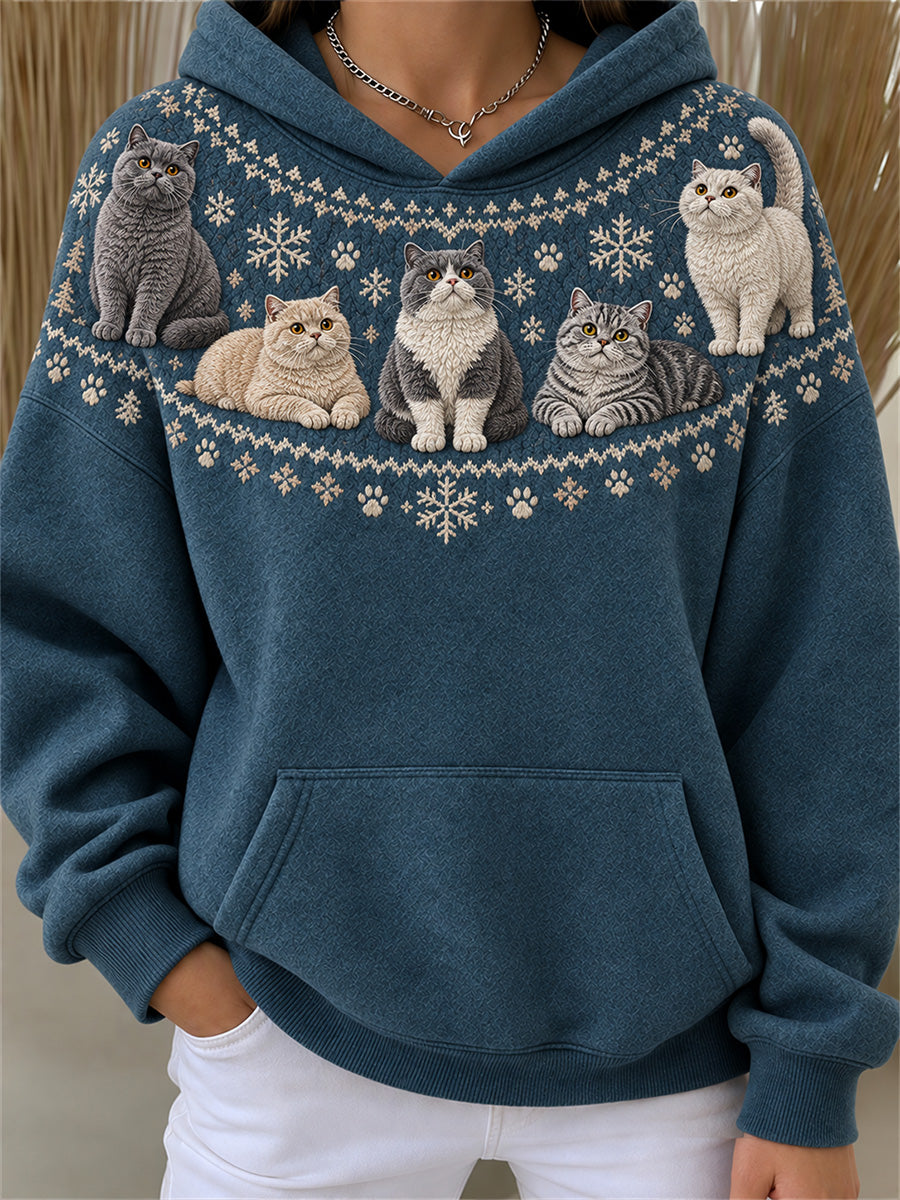 Women's Vintage British Shorthair Cats Yoke Isle Print Cozy Hoodie