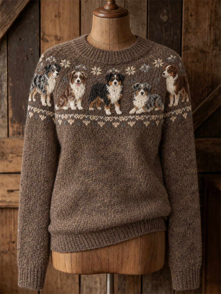 Women's Vintage American Shepherd Dogs Yoke Isle Print crew neck sweater