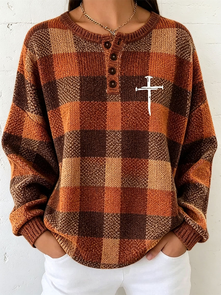 Women's Christian Art Plaid Cross Sweater