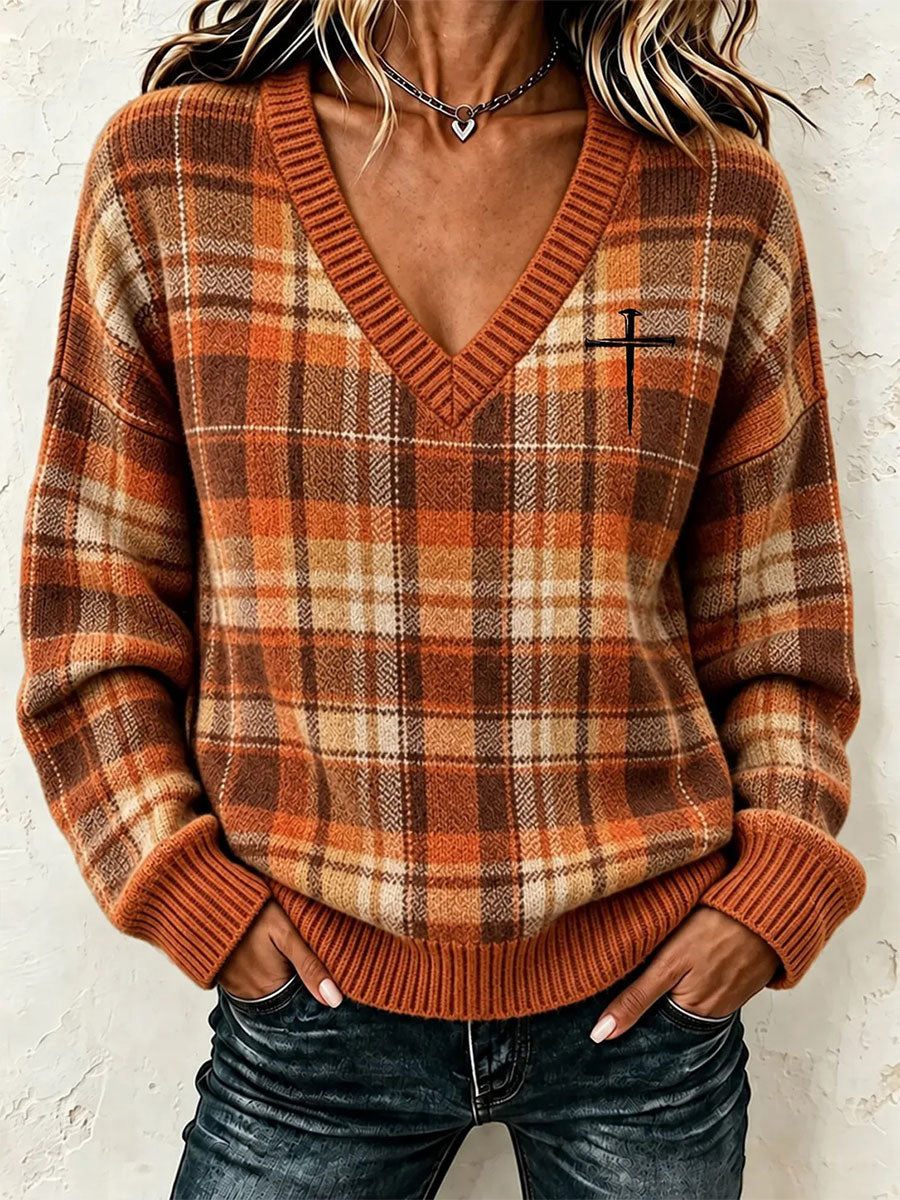 Women's Christian Art Plaid Cross Sweater