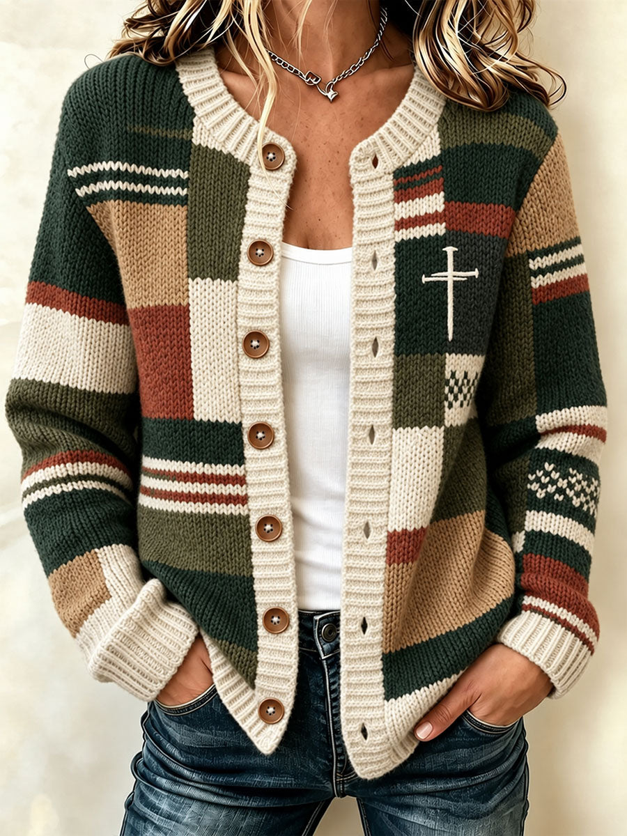 Women's Patchwork Art Cross-Pattern Knit Cardigan