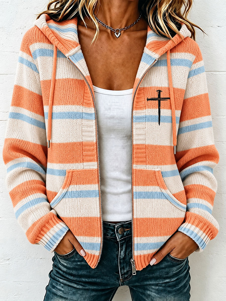 Women's Christian Art Cross-Print Striped Knit Cardigan