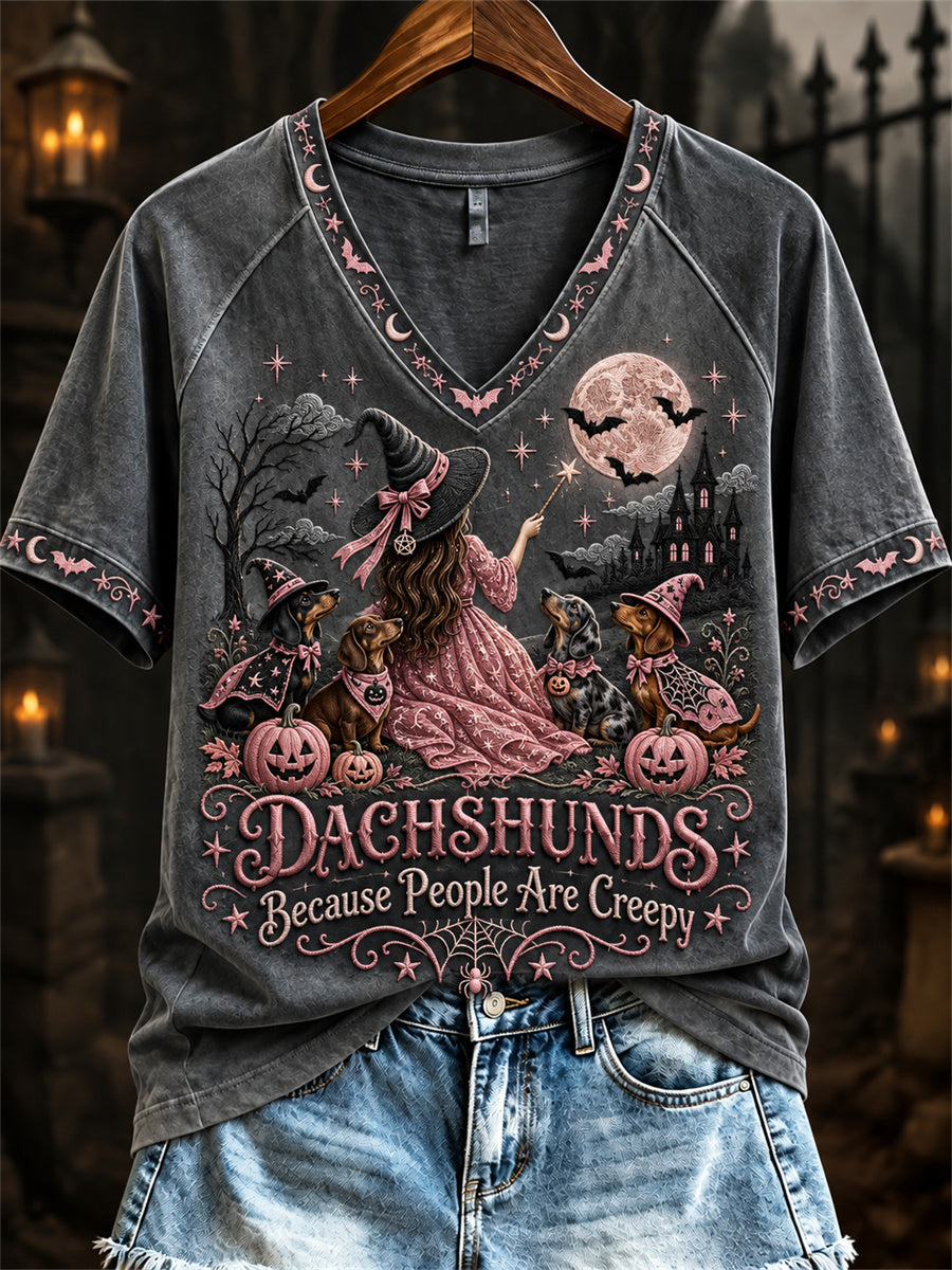 Women's Dachshunds Because People Are Creepy Halloween Witch & Dogs Print short-sleeved T-shirt