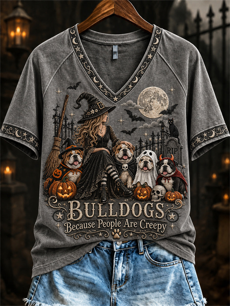 Women's Bulldogs Because People Are Creepy Halloween Witch & Dogs Print short-sleeved T-shirt
