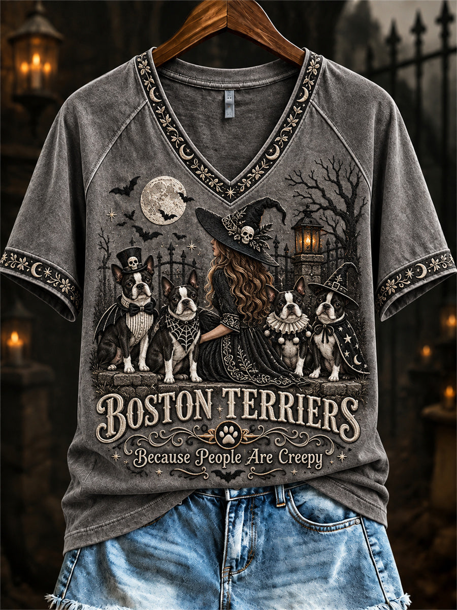 Women's Boston Terriers Because People Are Creepy Halloween Witch & Dogs Print short-sleeved T-shirt