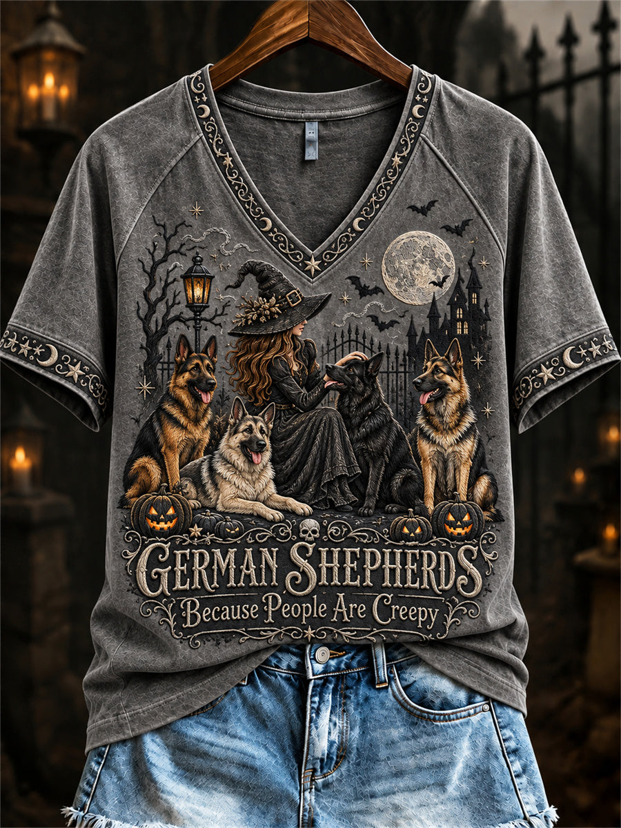Women's German Shepherds Because People Are Creepy Halloween Witch & Dogs Print short-sleeved T-shirt