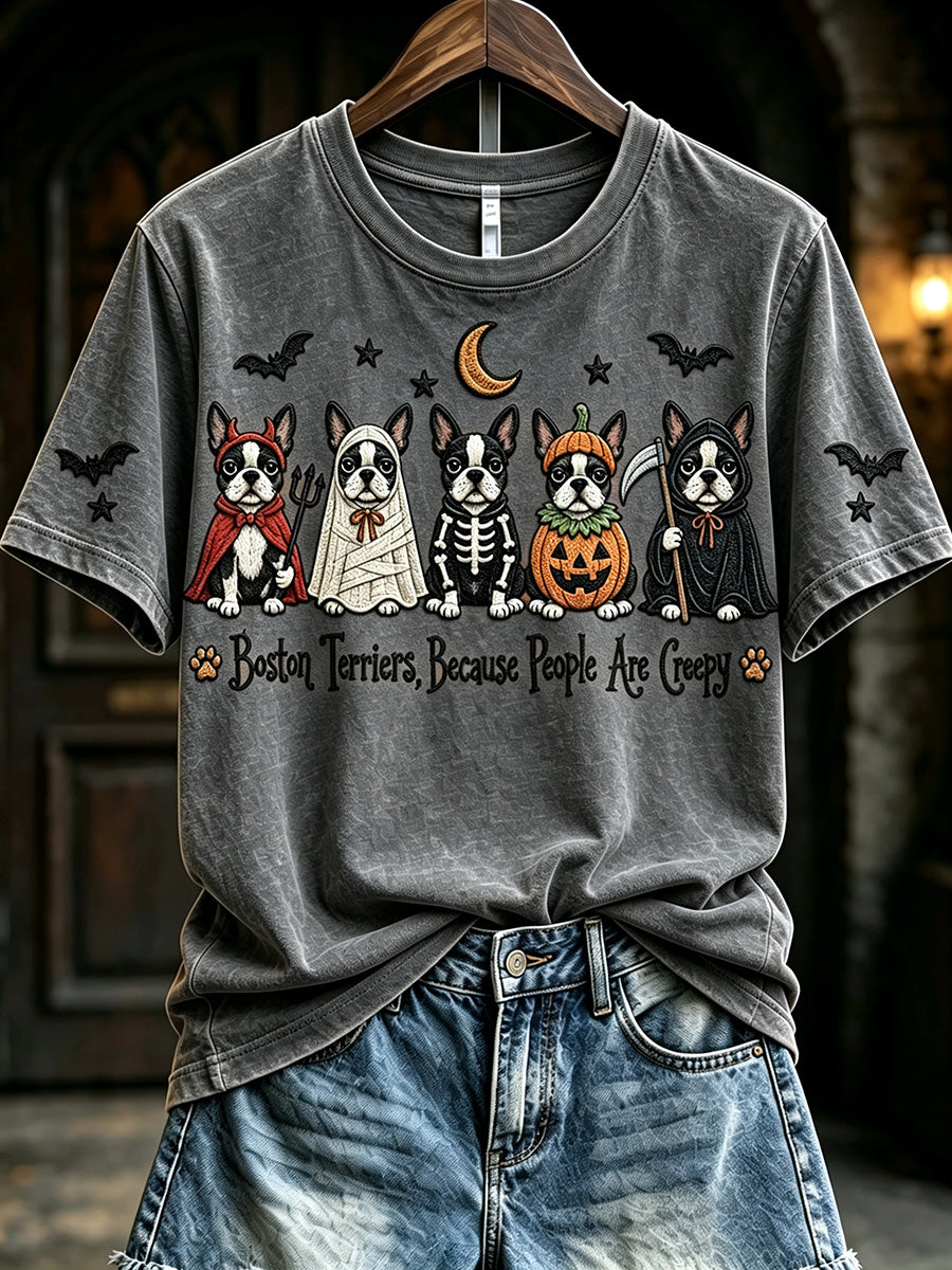 Women's Boston Terriers Because People Are Creepy Halloween Print Short-sleeved T-shirt