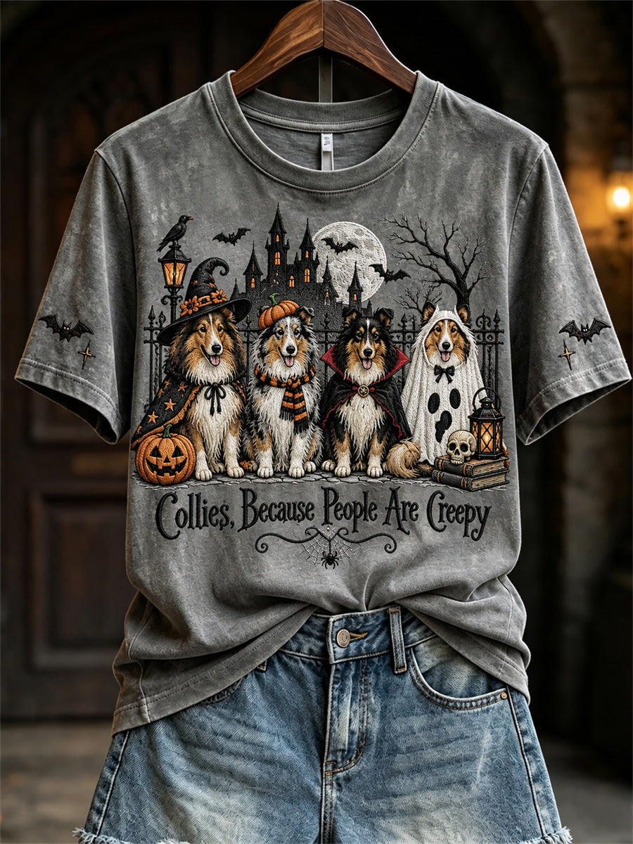 Women's Collies Because People Are Creepy Halloween Dogs Print short-sleeved T-shirt