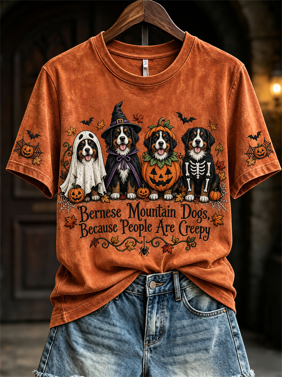 Women's Bernese Mountain Dogs Because People Are Creepy Fall Halloween Dogs Print short-sleeved T-shirt