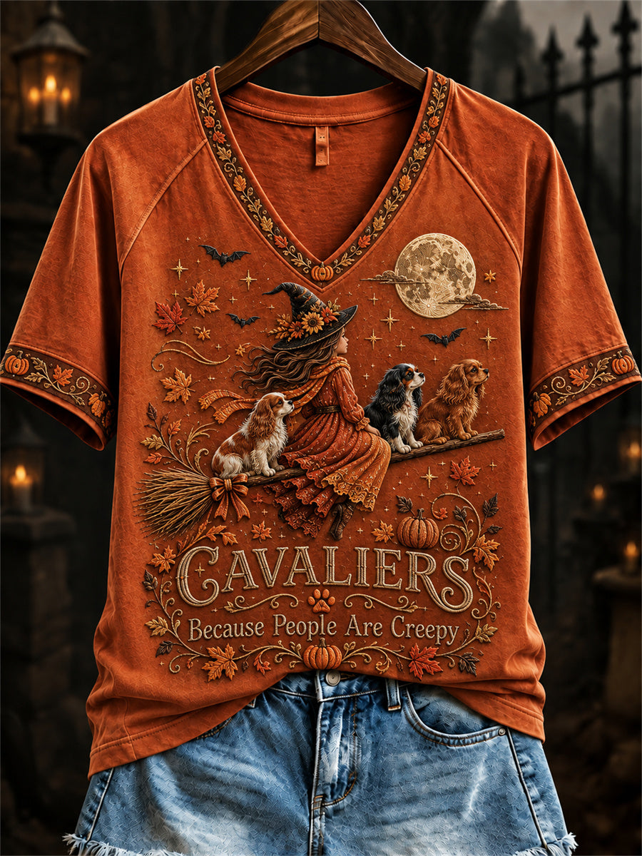 Women's Cavaliers Because People Are Creepy Fall Halloween Witch & Dogs Print short-sleeved T-shirt