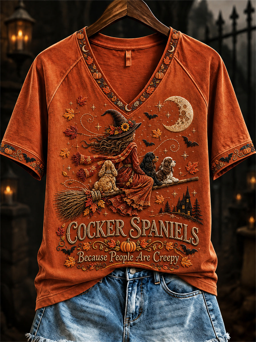 Women's Cocker Spaniels Because People Are Creepy Fall Halloween Witch & Dogs Print short-sleeved T-shirt