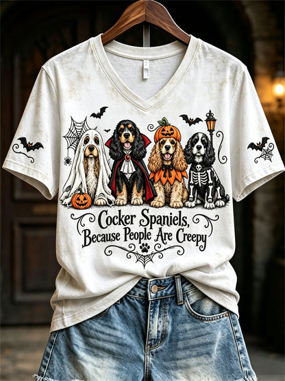 Women's Cocker Spaniels Because People Are Creepy Halloween Dogs Print short-sleeved T-shirt