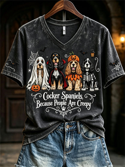 Women's Cocker Spaniels Because People Are Creepy Halloween Dogs Print short-sleeved T-shirt