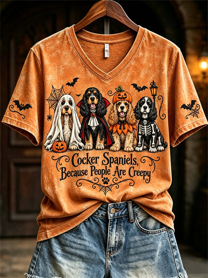 Women's Cocker Spaniels Because People Are Creepy Halloween Dogs Print short-sleeved T-shirt