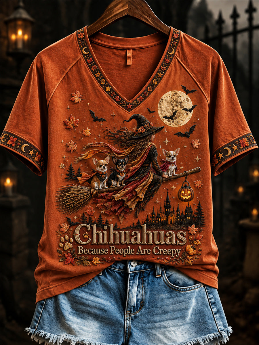 Women's Chihuahuas Because People Are Creepy Fall Halloween Witch & Dogs Print short-sleeved T-shirt