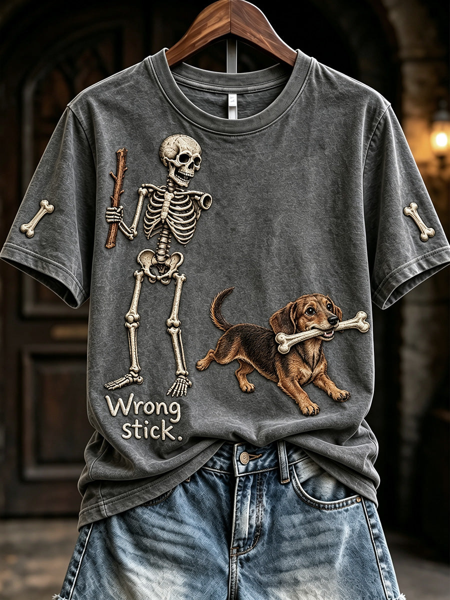 Women's Funny Skeleton Dachshund Wrong Stick Halloween Print Short-sleeved T-shirt