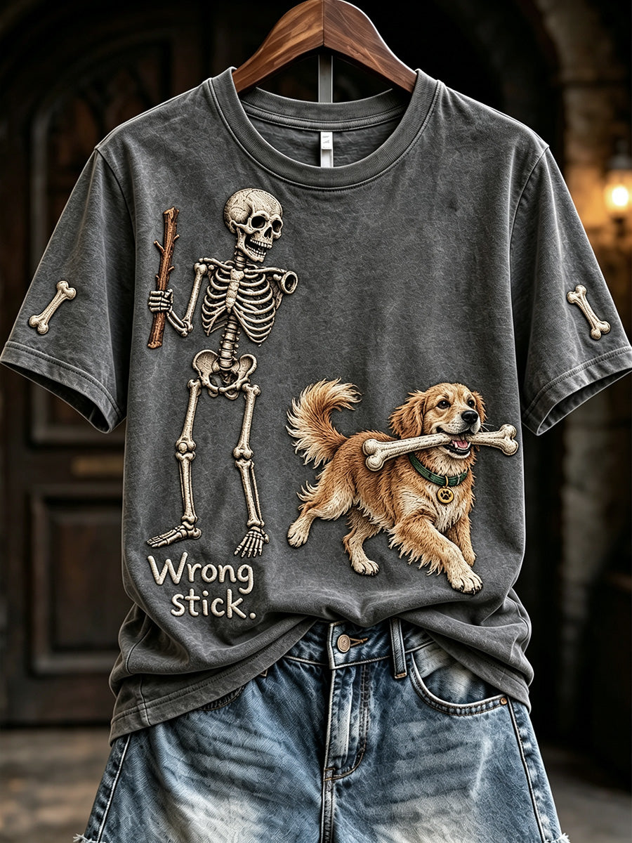Women's Funny Skeleton Golden Retriever Wrong Stick Halloween Print Short-sleeved T-shirt