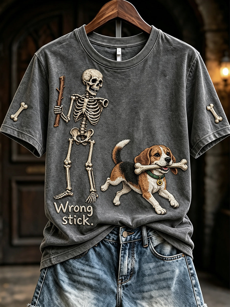 Women's Funny Skeleton Beagle Wrong Stick Halloween Print Short-sleeved T-shirt
