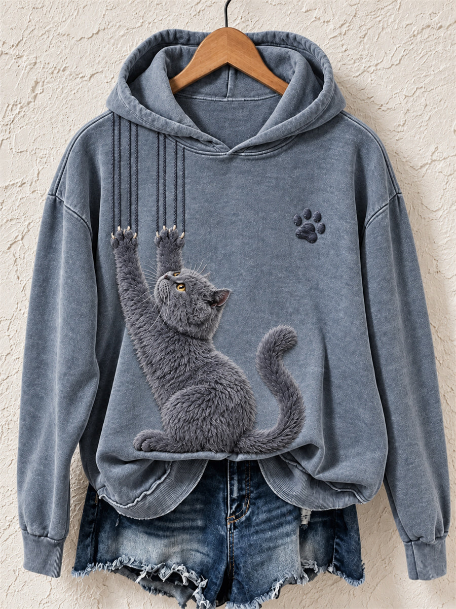 Women's Funny British Shorthair Blue Cat & Claw Scratches Print Cozy Hoodie