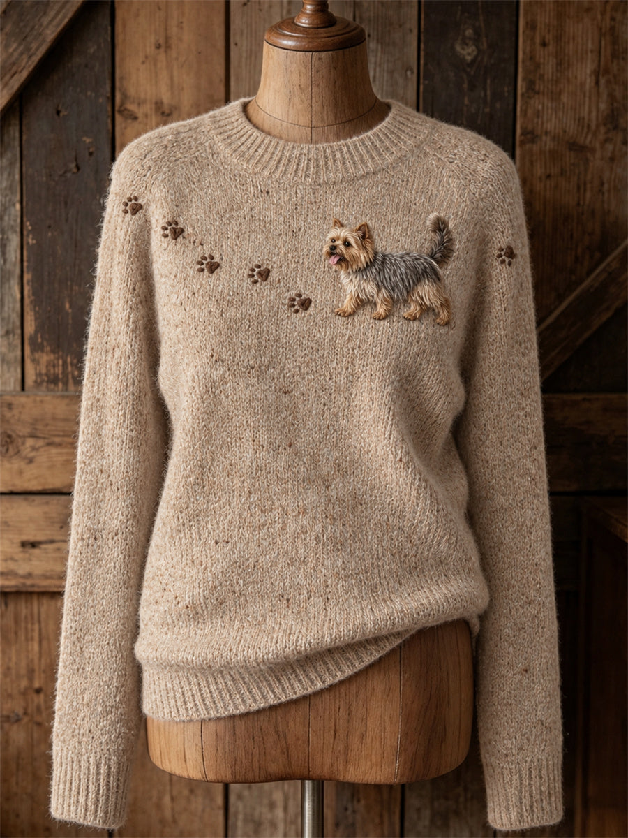 Women's Lovely Yorkie Dog Walking & Paw Prints Print crew neck sweater