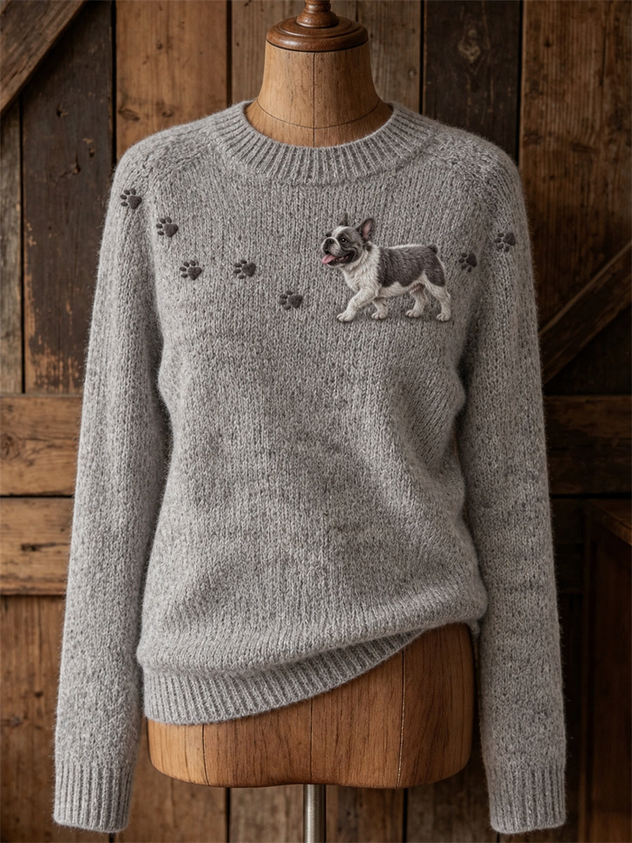 Women's Lovely French Bulldog Walking & Paw Prints Print crew neck sweater