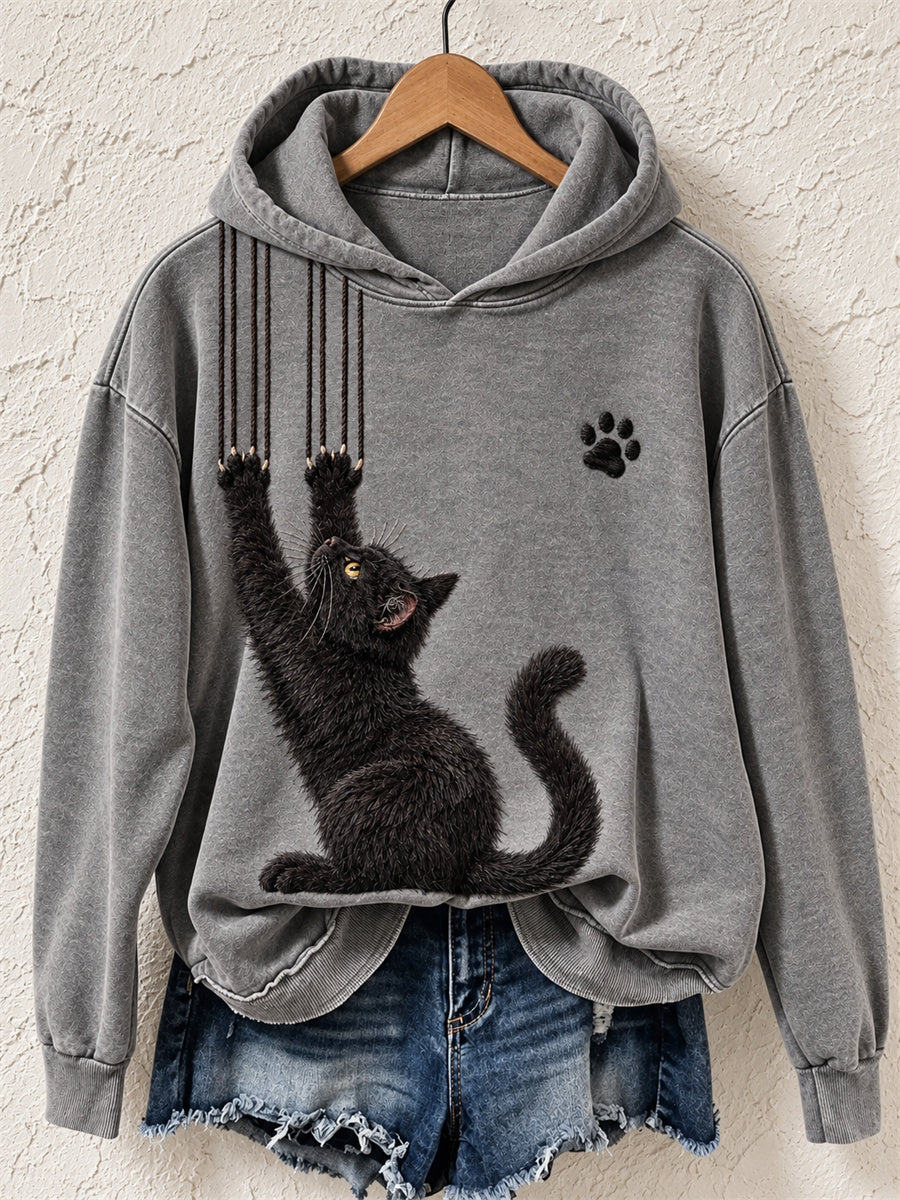 Women's Funny Black Cat & Claw Scratches Print Cozy Hoodie
