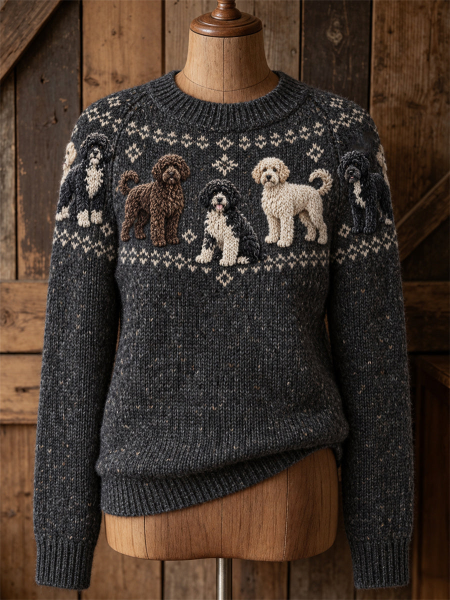 Women's Vintage Portuguese Water Dogs Yoke Isle Print crew neck sweater
