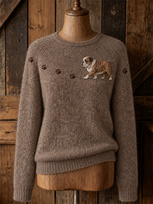 Women's Lovely Bulldog Walking & Paw Prints Yoke Print crew neck sweater