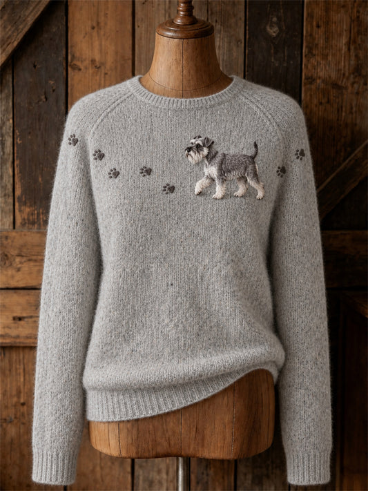 Women's Lovely Schnauzer Dog Walking & Paw Prints Yoke Print crew neck sweater