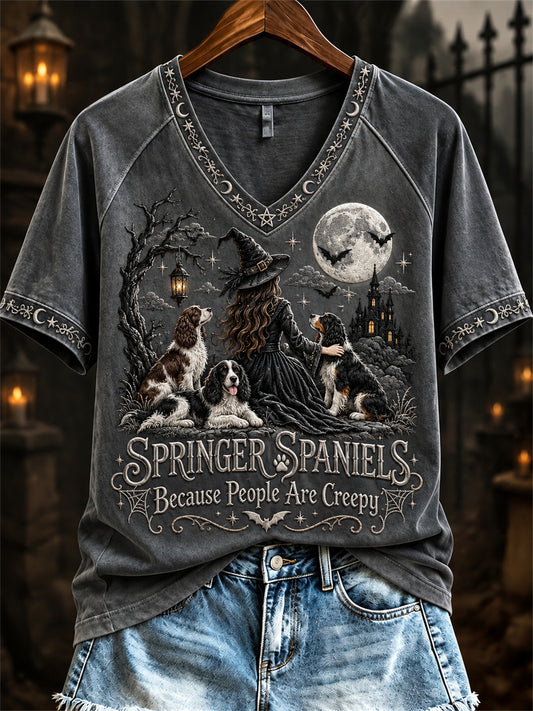 Women's Springer Spaniels Because People Are Creepy Halloween Witch & Dogs Print short-sleeved T-shirt