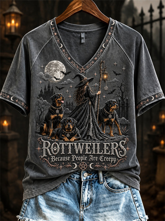 Women's Rottweilers Because People Are Creepy Halloween Witch & Dogs Print short-sleeved T-shirt